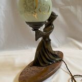 Art deco lamp in marble and bronze, woman holding a globe