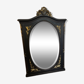 Grand miroir trumeau ancien en bois noir et doré style Napoleon