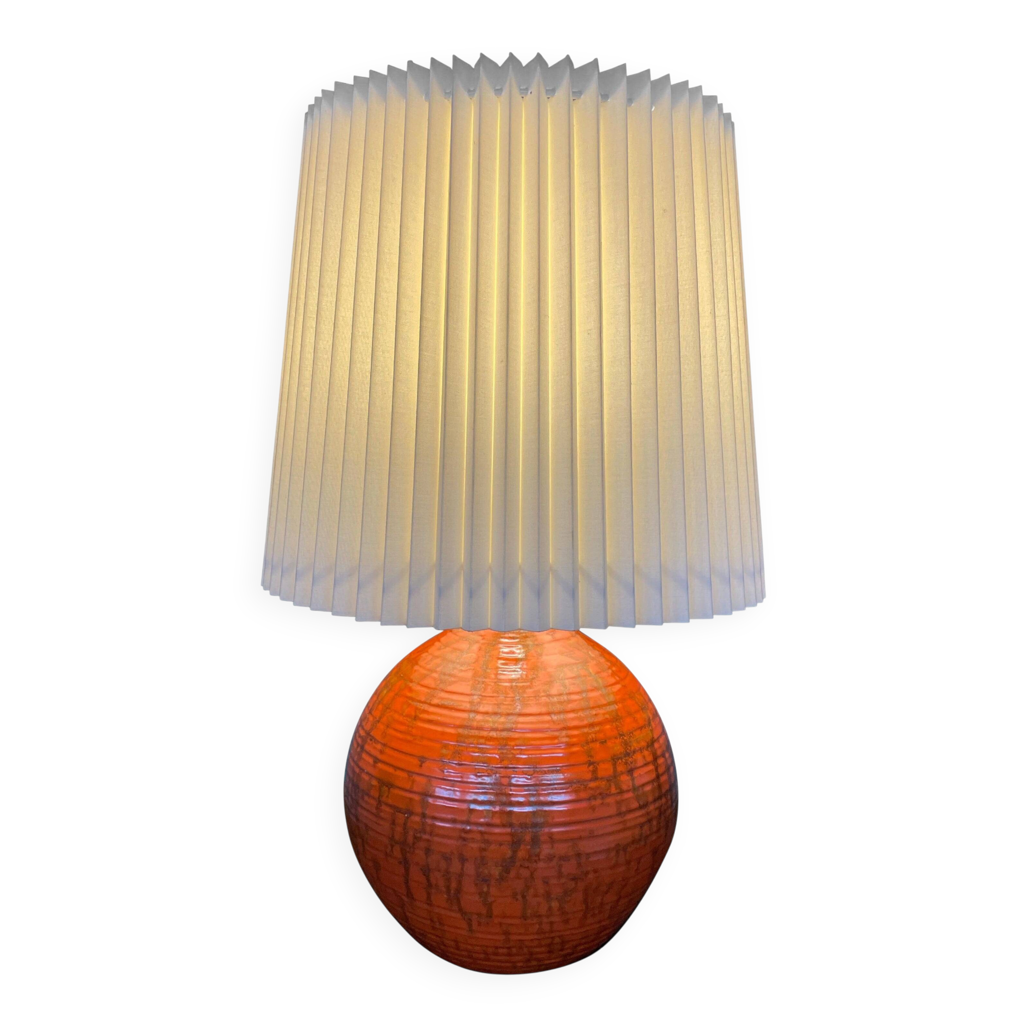 Art Deco HAK Herman Kähler Pottery Lamp, c.1930s Orange Globe with Brass Details