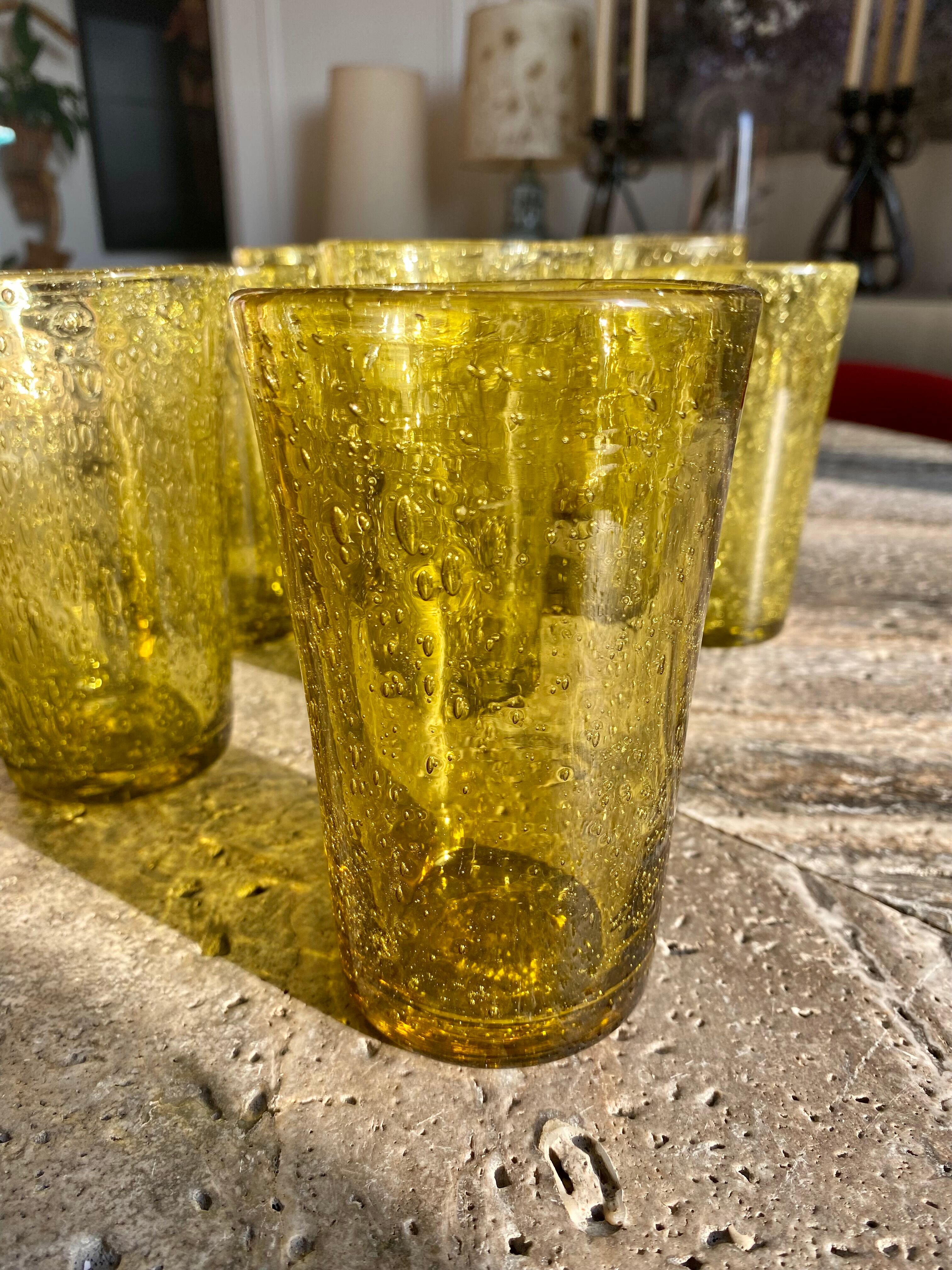 Biot olive-colored bubbled glass water glasses