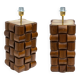 Pair of Sculptural Teak and Brass Table Lamps, Italy
