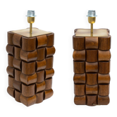 Pair of Sculptural Teak and Brass Table Lamps, Italy