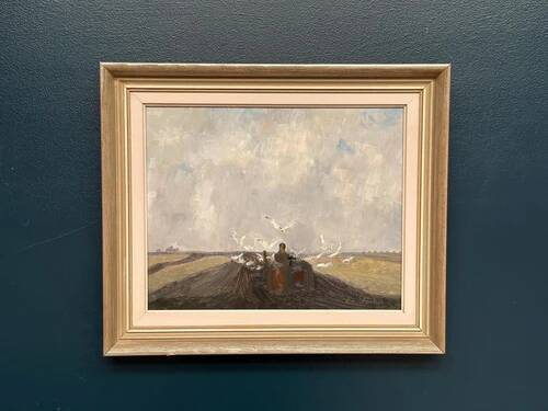 Original Mid Century Swedish Oil on Canvas – Tractor by Evert Färhm