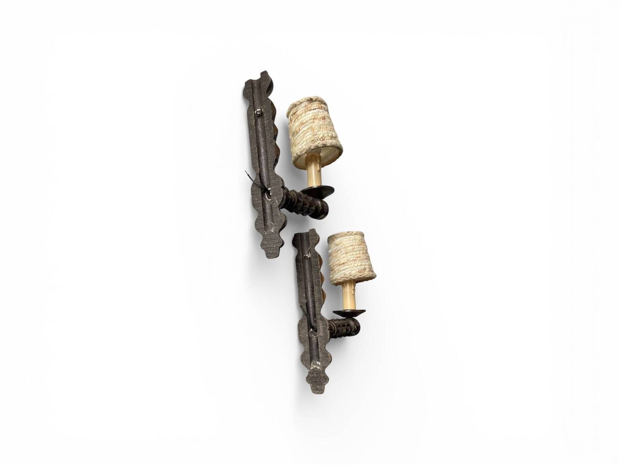 Pair of turned wooden wall lights, France 1940