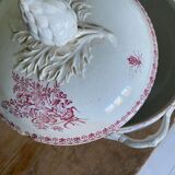 Pink ironstone soup tureen with rustic motif, floral butterflies and bees