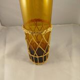 Carafe and 5 glasses set, amber glass and woven wicker, bohemian chic