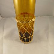 Carafe and 5 glasses set, amber glass and woven wicker, bohemian chic