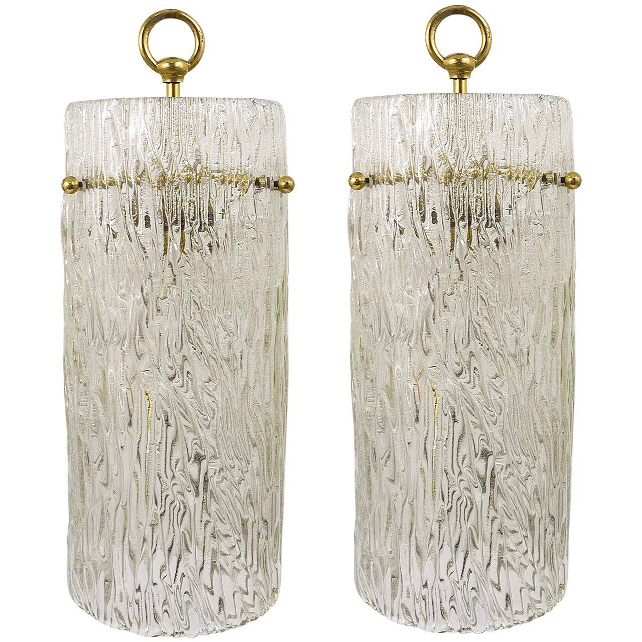 Two suspended lamps in glass and brass by J.T. Kalmar, Vienna, mid-century, Austria, 1950s.
