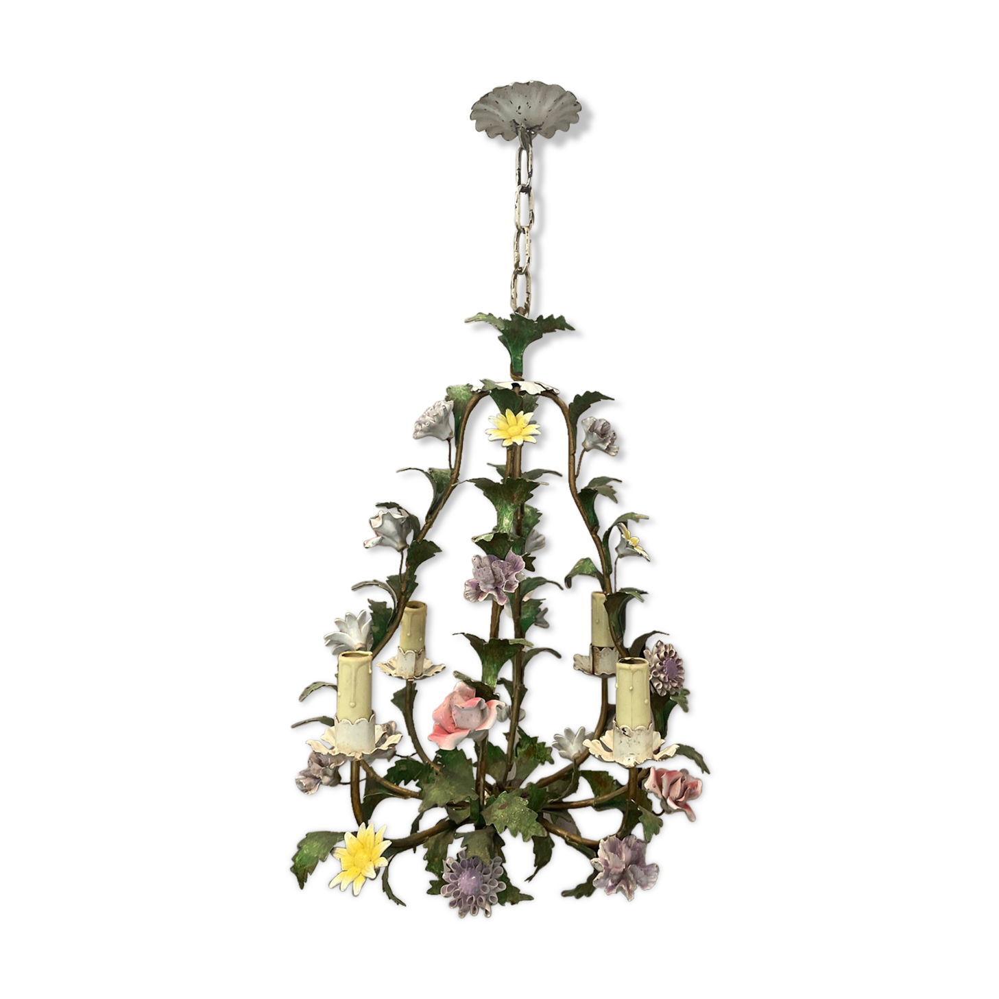Lustre cage métal doré et porcelaine 1950