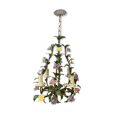 Golden metal and porcelain cage chandelier 1950