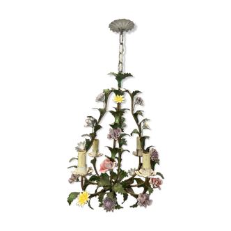 Lustre cage métal doré et porcelaine 1950