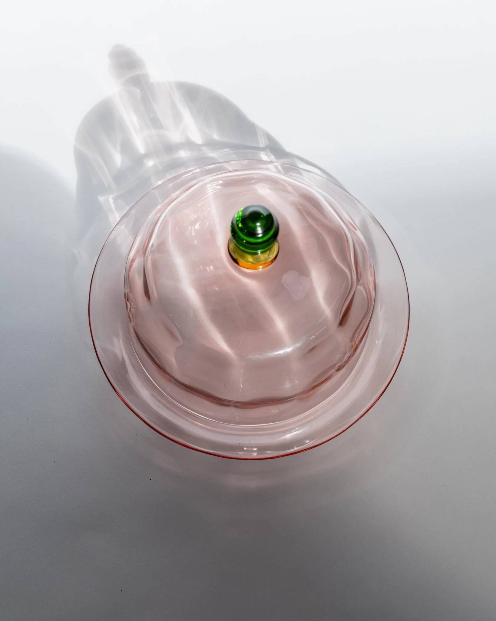 Pink Glass Cloche with Green Finial on Plate – 1930s Italian Vintage Glass Tableware