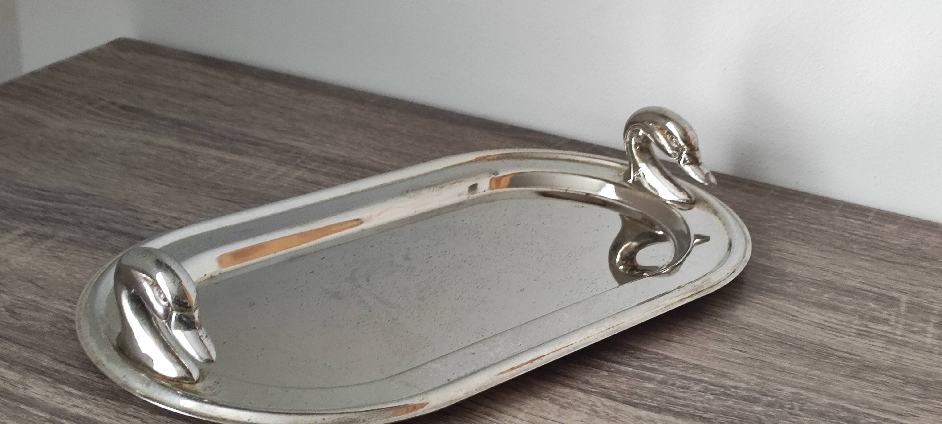Rectangular stainless steel dish in the Louis Vuitton style. Vintage swan head.