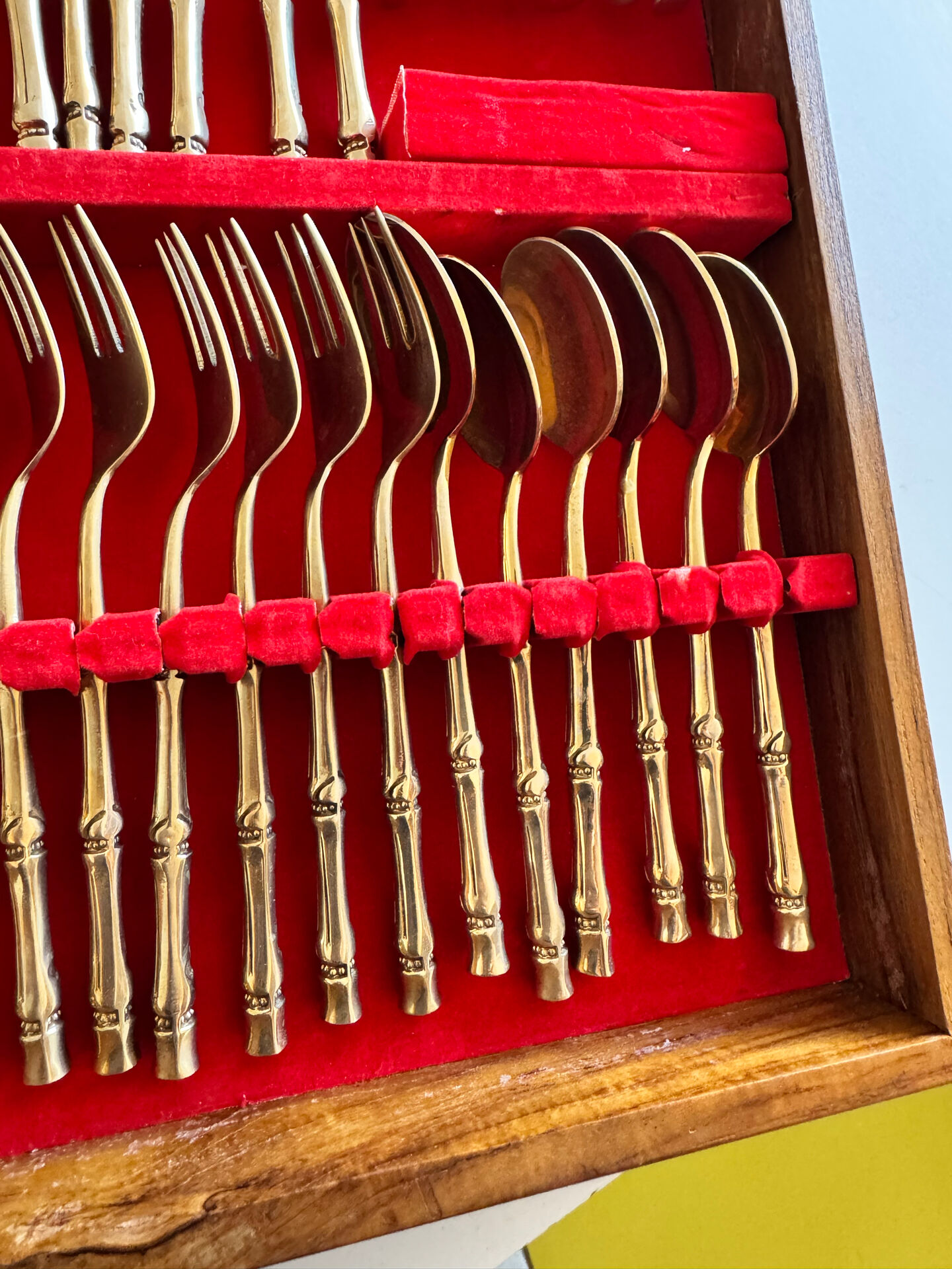 Ménagère complète Nickel Bronze doré Bambou coffret Vintage