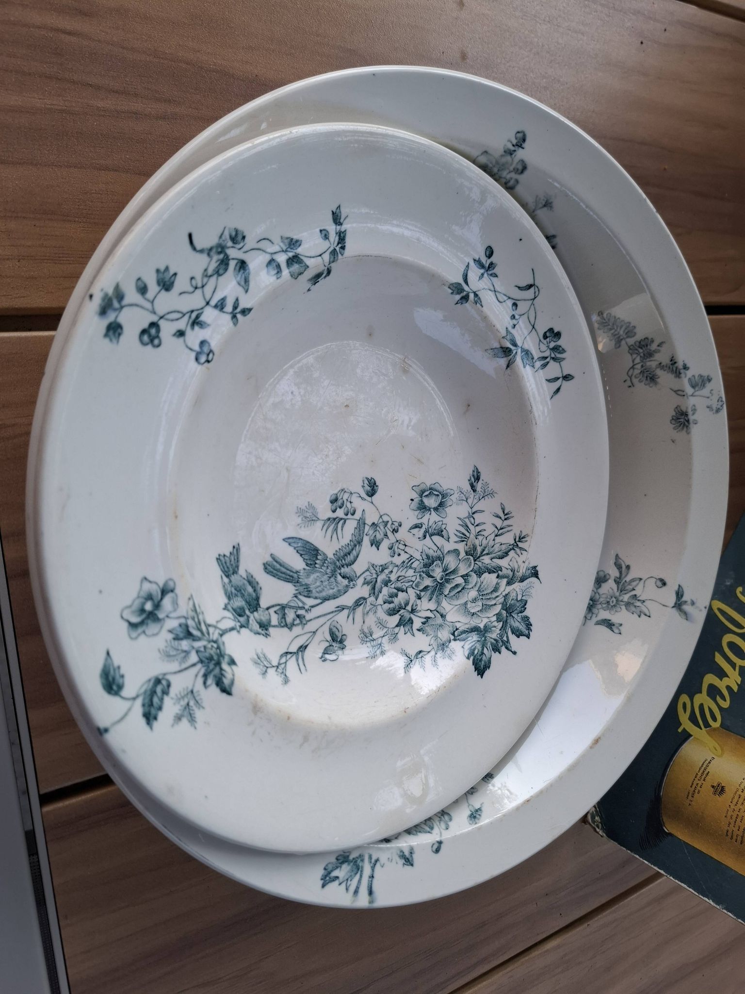 Old set of 2 terre de fer longwy dishes – bird and flower decoration