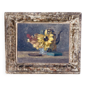 Miniature painting "Teapot and sunflowers"