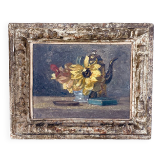 Tableau miniature "Théière et tournesols"