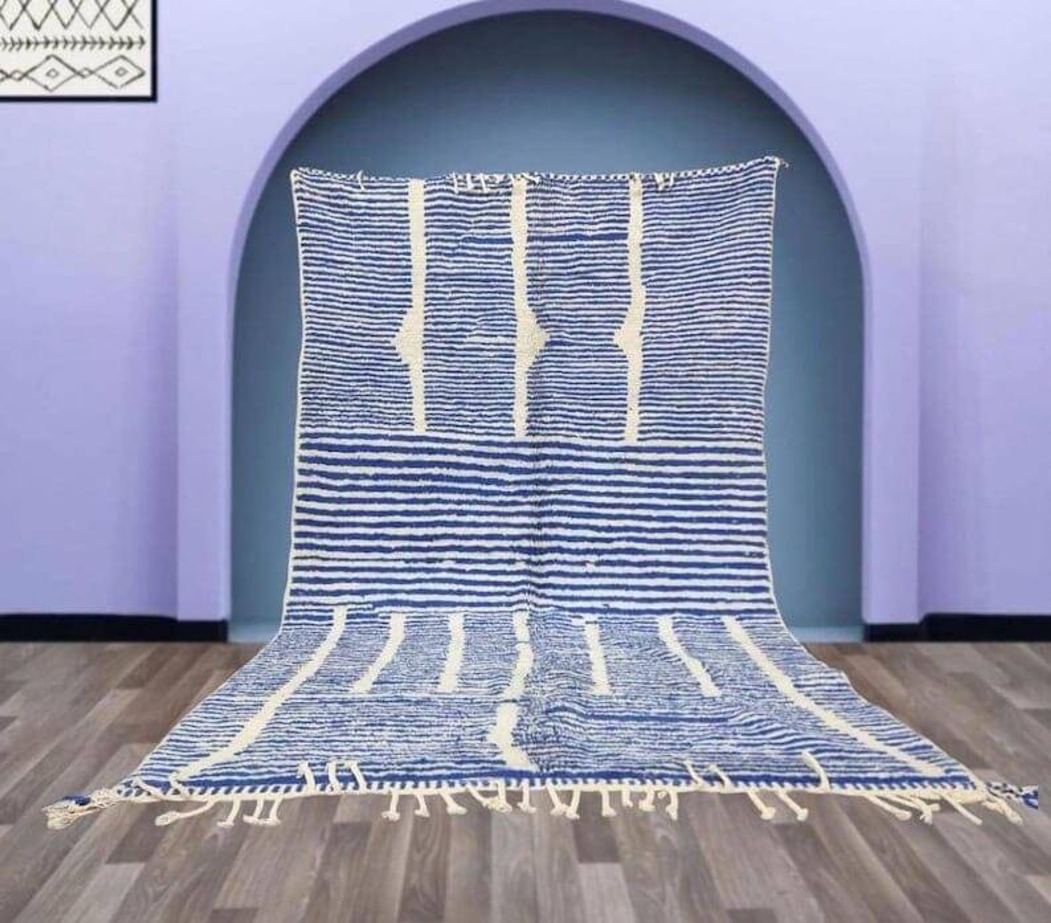Handwoven Berber rug in blue and white, size 150x250 cm.
