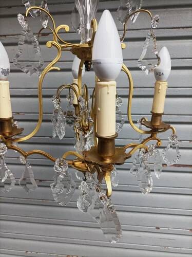 Rare antique cage chandelier in gilded bronze and crystal, 4 lights / WORKING CONDITION GAU?