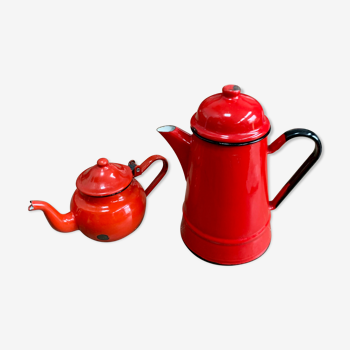 Vintage red enamelled metal coffee maker and teapot