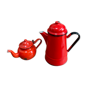 Ensemble cafetière et théière en métal émaillé rouge vintage