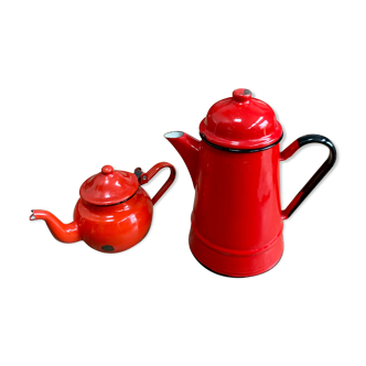 Vintage red enamelled metal coffee maker and teapot