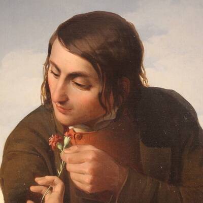Great painting signed FB and dated 1853, the lovers