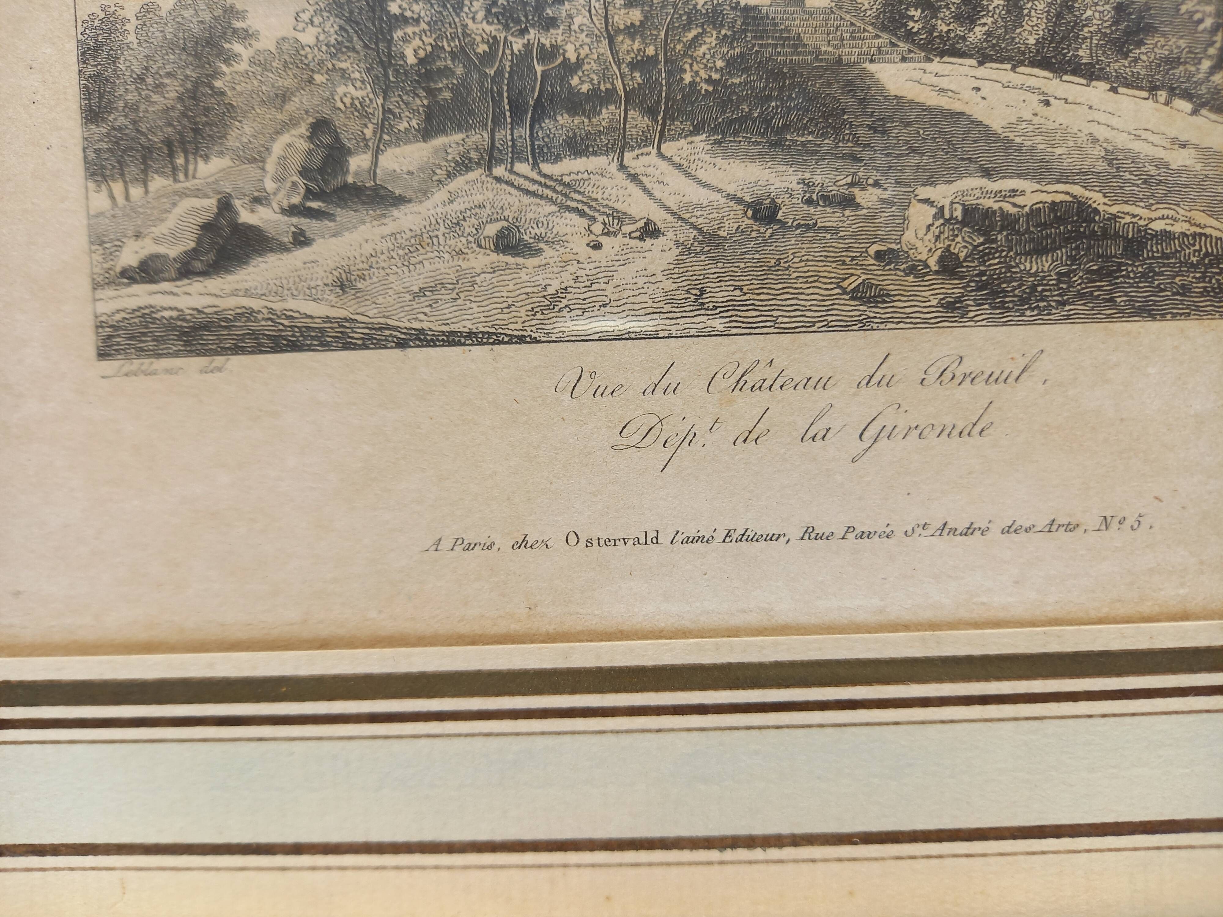 Old engraving, view of the Château de Breuil, Bordeaux castle, Gironde