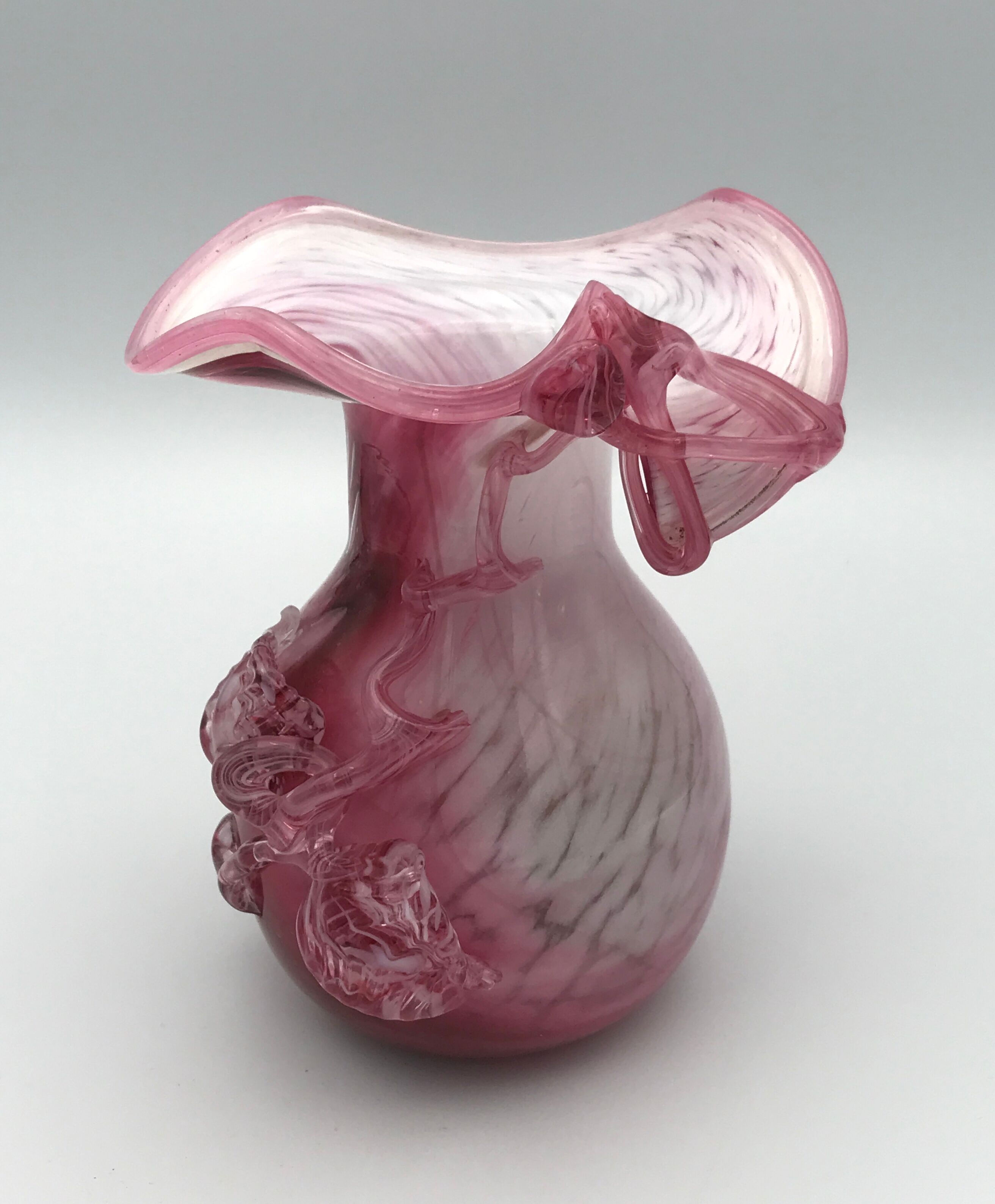Hand-blown glass vase pink shade with sculptural leaf decor