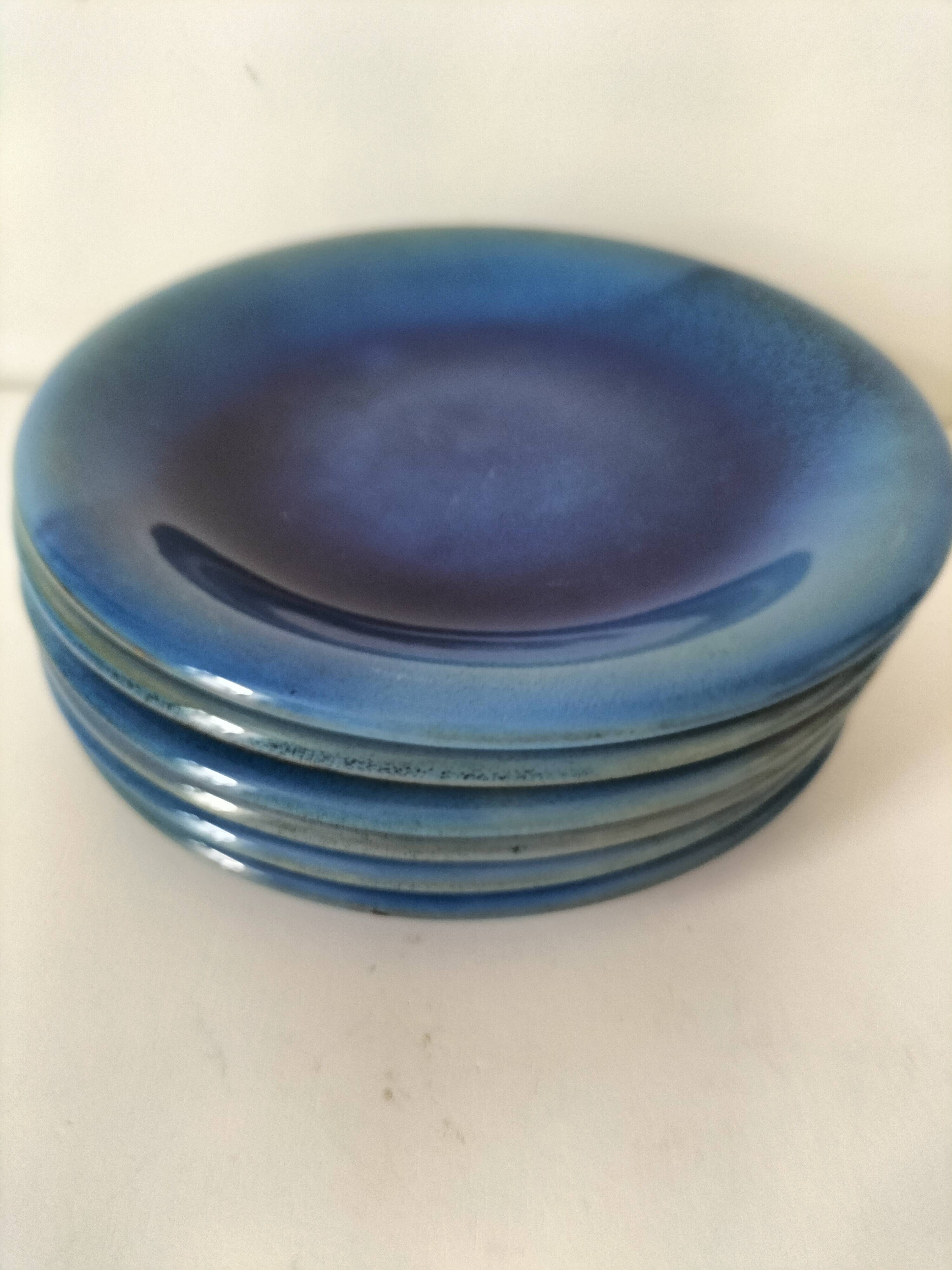 6 grandes assiettes plates en grès bleu cobalt et turquoise