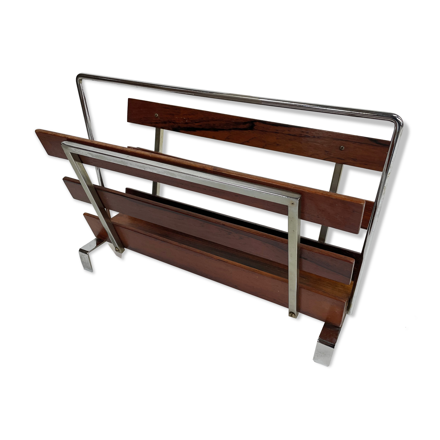 Vintage magazine rack from  rosewood and chrome design