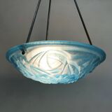 Old degue chandelier, suspension basin art deco 1 fire, in blue glass paste. signed degué