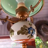Old green opaline chandelier, gold metal and earthenware