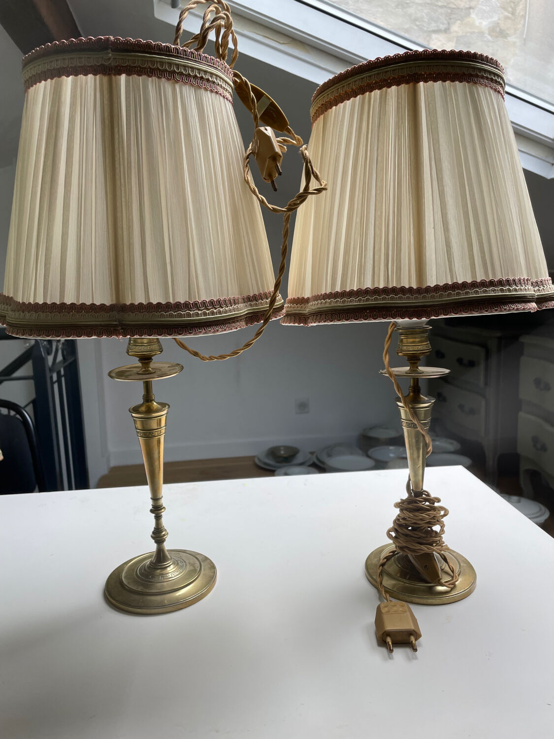 Pair of brass lamps