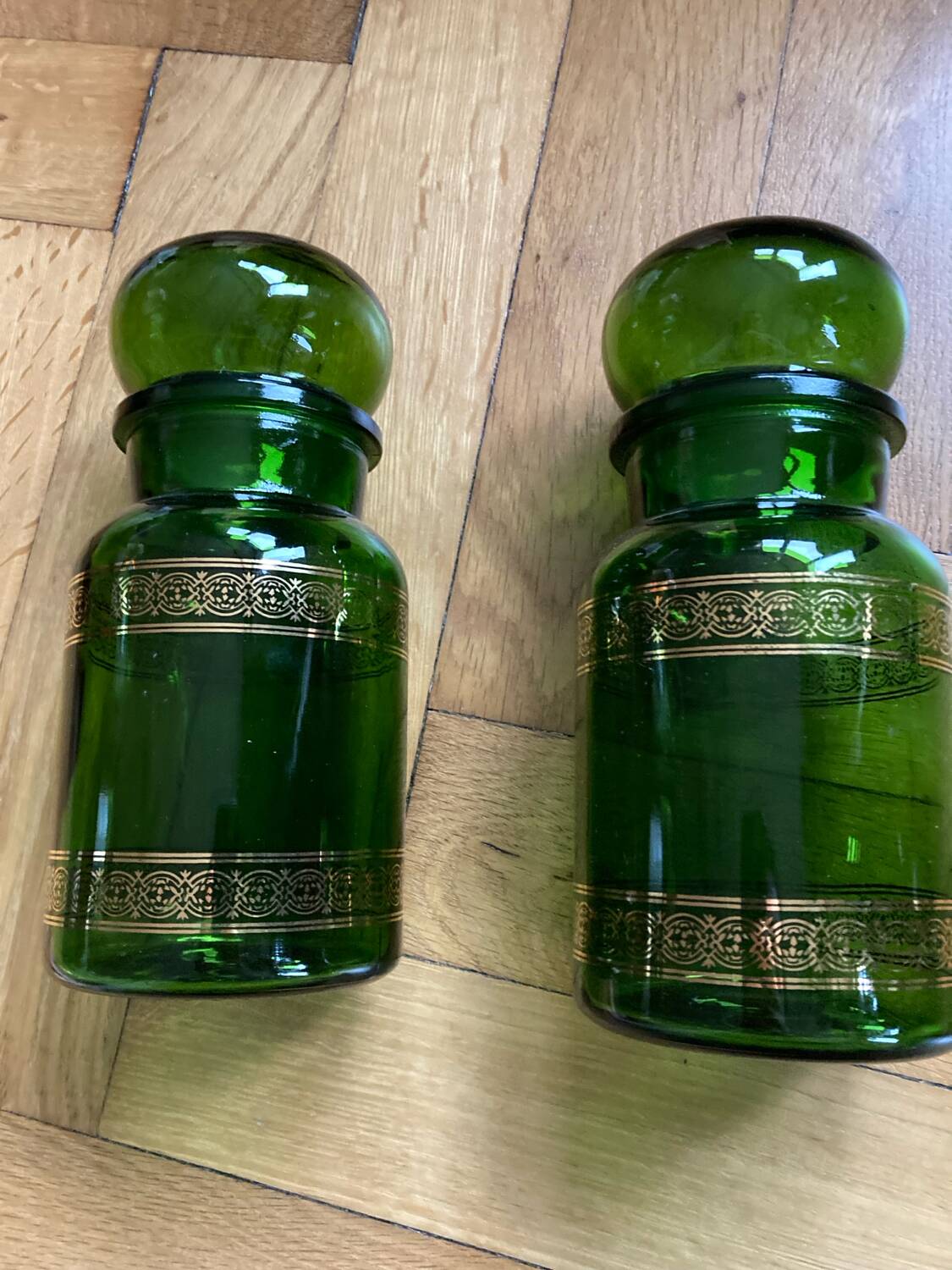 Vintage golden green apothecary jars