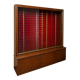 Large vintage display cabinet in wood and glass – red background, 15 shelves