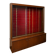 Large vintage display cabinet in wood and glass – red background, 15 shelves