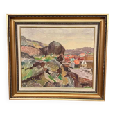 Huile sur toile originale suédoise - 'La falaise sombre' par Ellis Wallin - Signée - Datée 1962 - Vintage et encadrée