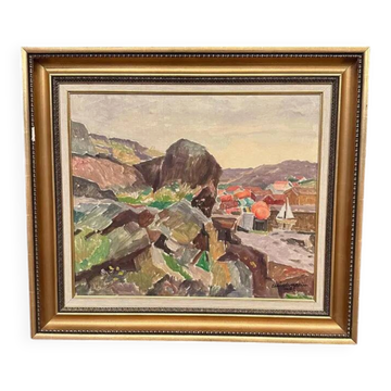 Original Swedish Oil on Canvas - 'The Dark Cliff' by Ellis Wallin - Signed - Dated 1962 - Vintage and Framed