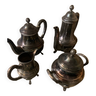 Silver metal teapot, chocolate pot, milk jug and sugar bowl set