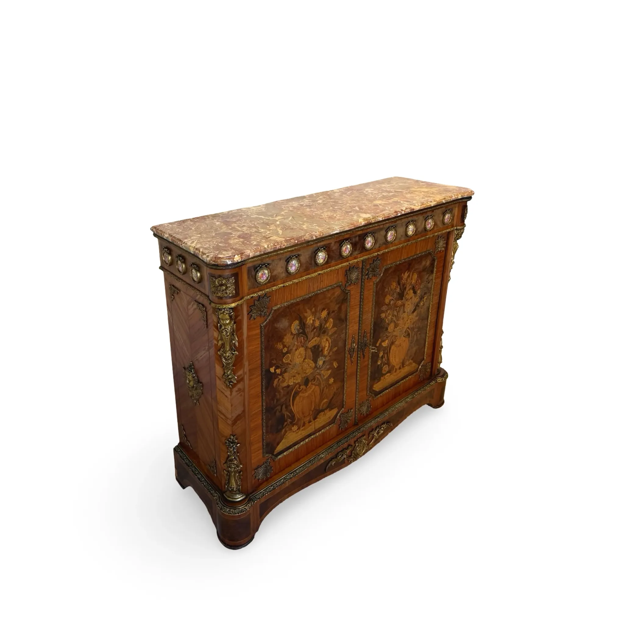An antique French Louis XVI-style marble-top side cabinet