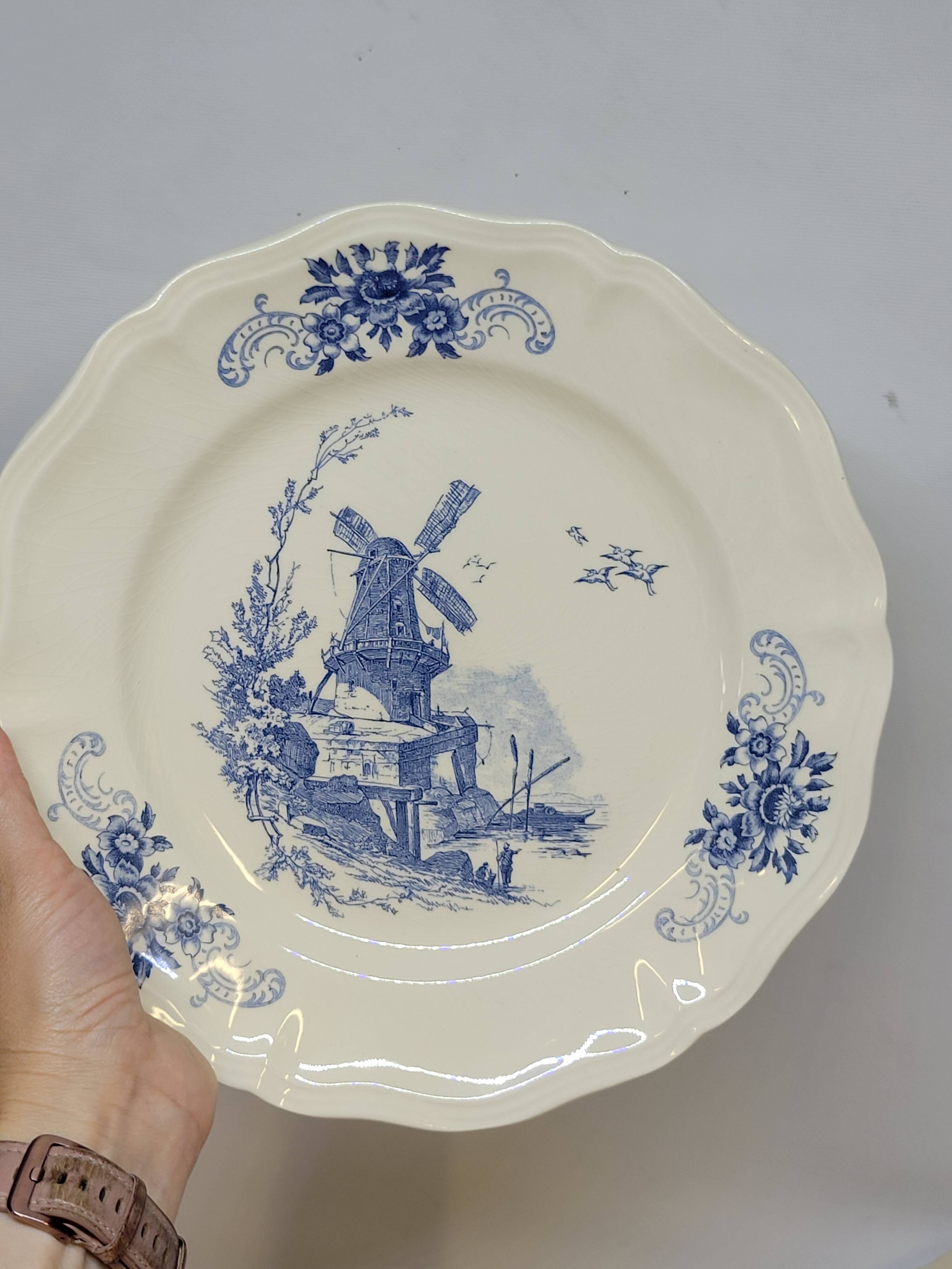 8 Large Vintage Sarreguemines Flanders and Surrey Dinner Plates, White Decor