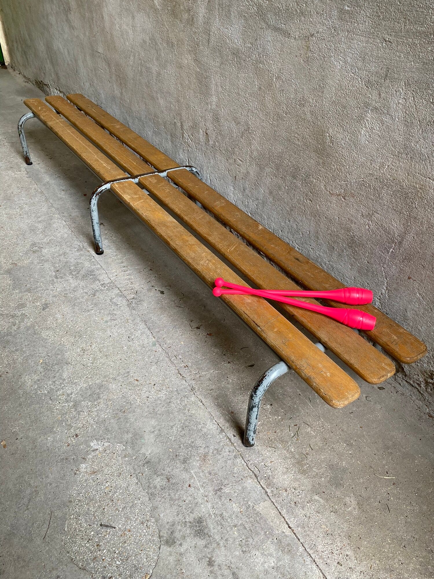 Vintage kindergarten bench wood & metal lacquered
