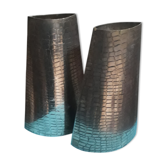 Silver metal vases reptile skin 1970