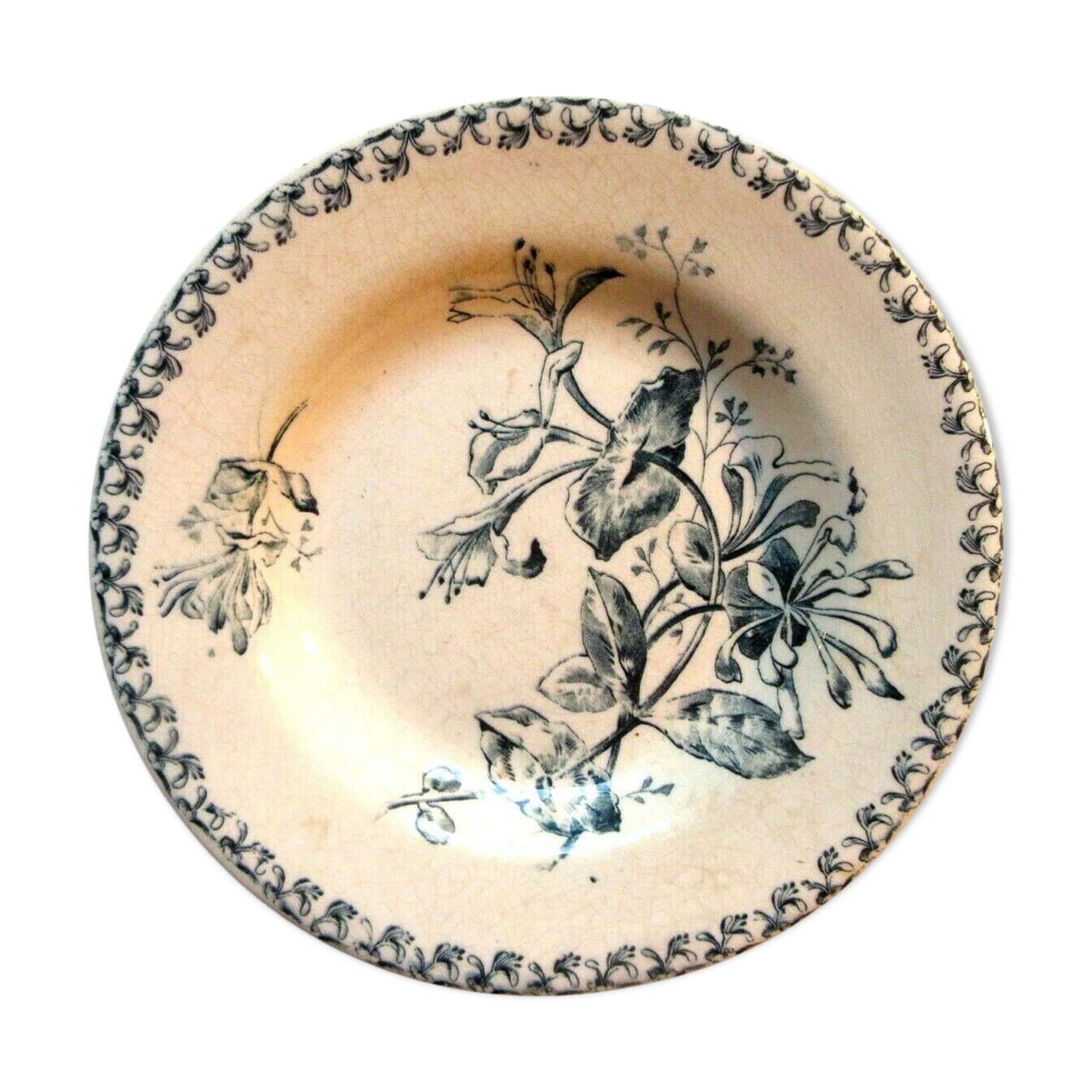 Art Nouveau Terre de Fer GIEN hollow plate, blue model, The Honeysuckle