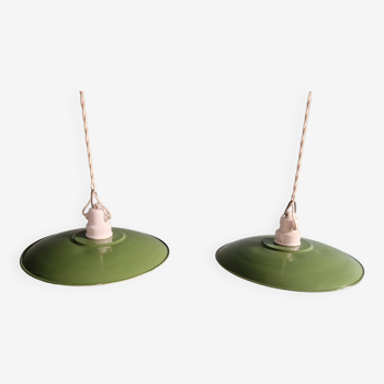 Pair of industrial pendant lights in green enameled sheet metal