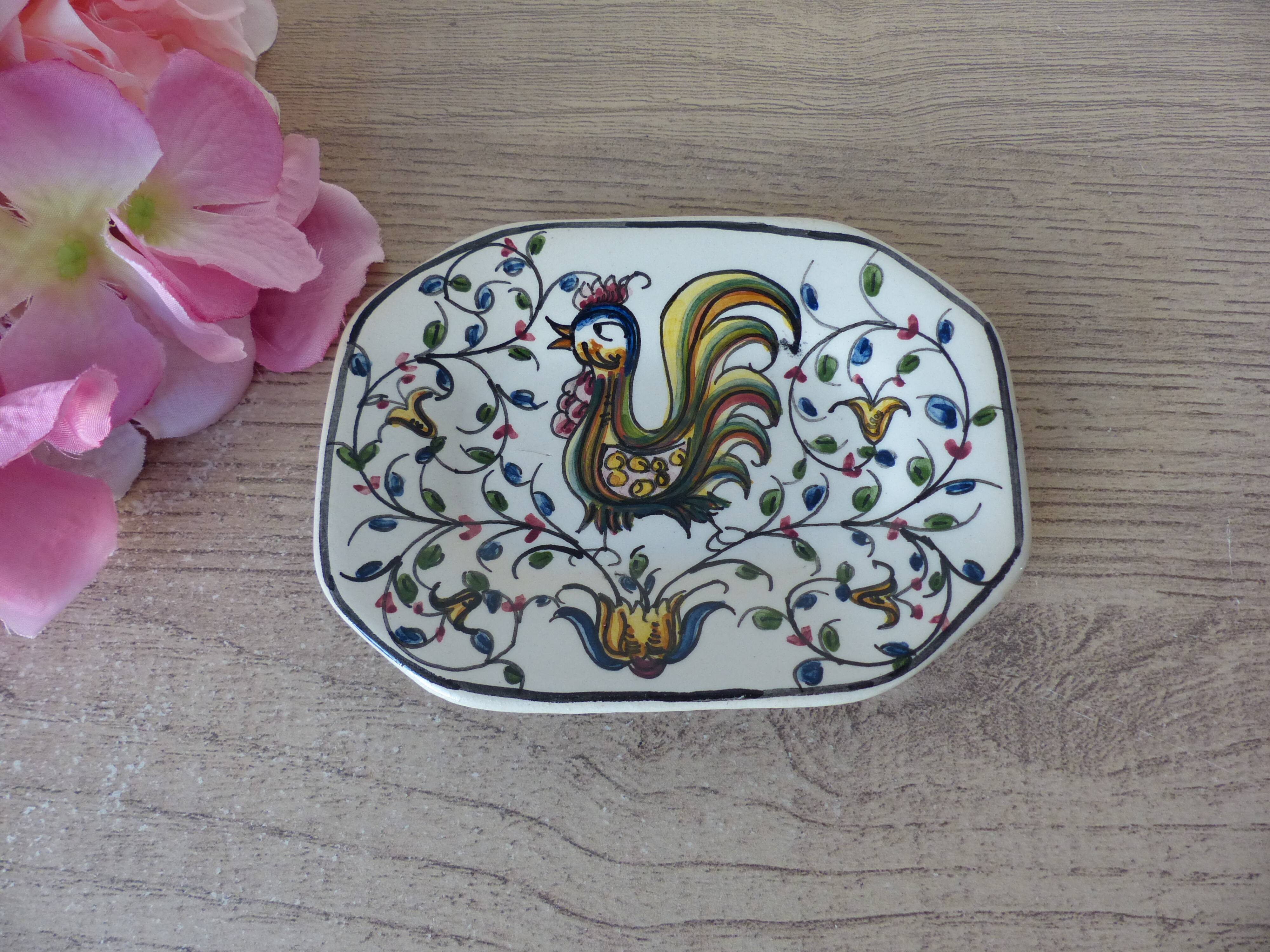 Antique small ceramic pocket emptier with Almeida rooster motif, signed and hand-painted