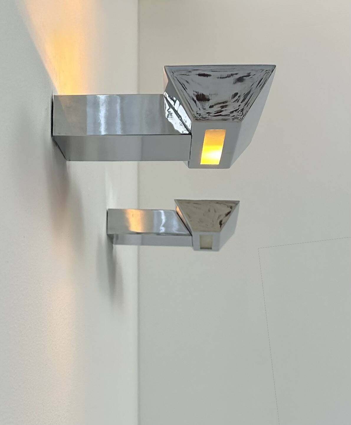 Pair of vintage wall lights, chrome and frosted glass, France, 1980.