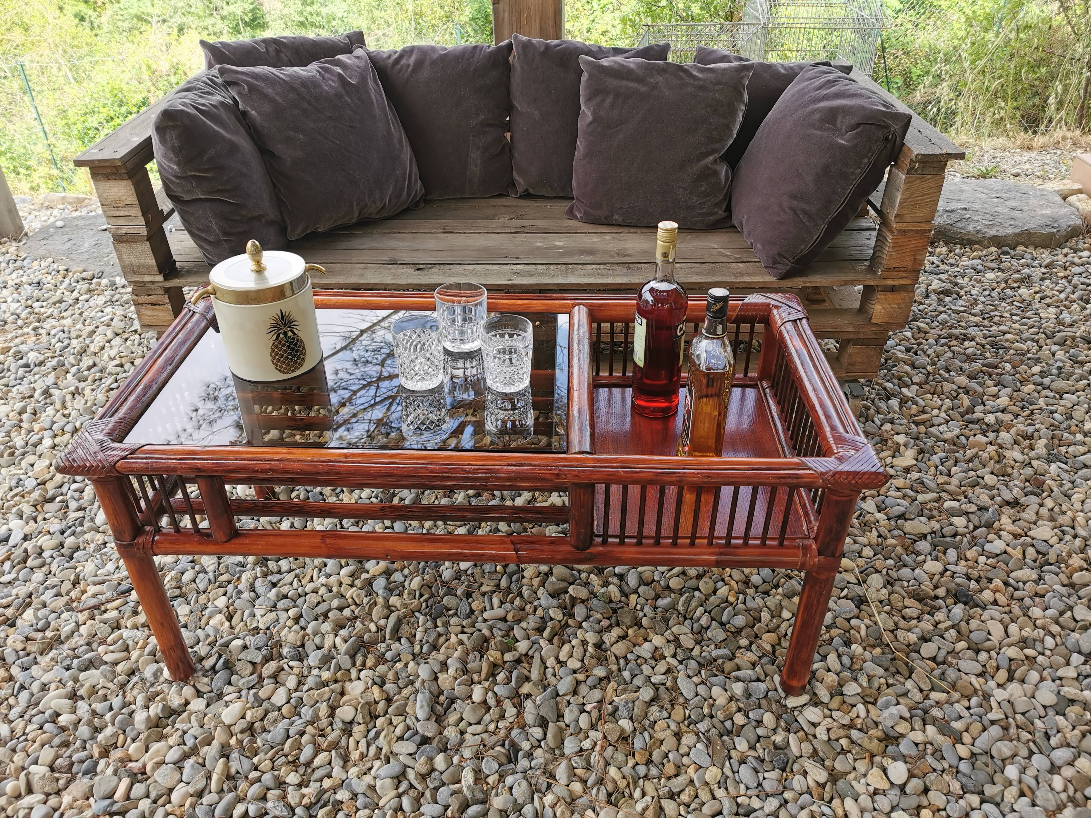 Vintage bamboo and leather coffee table