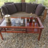 Vintage bamboo and leather coffee table